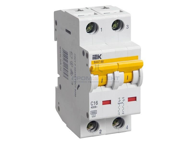 Автоматический выключатель ВА 47-60 2Р 16А 6 кА характеристика С ИЭК (автомат)
