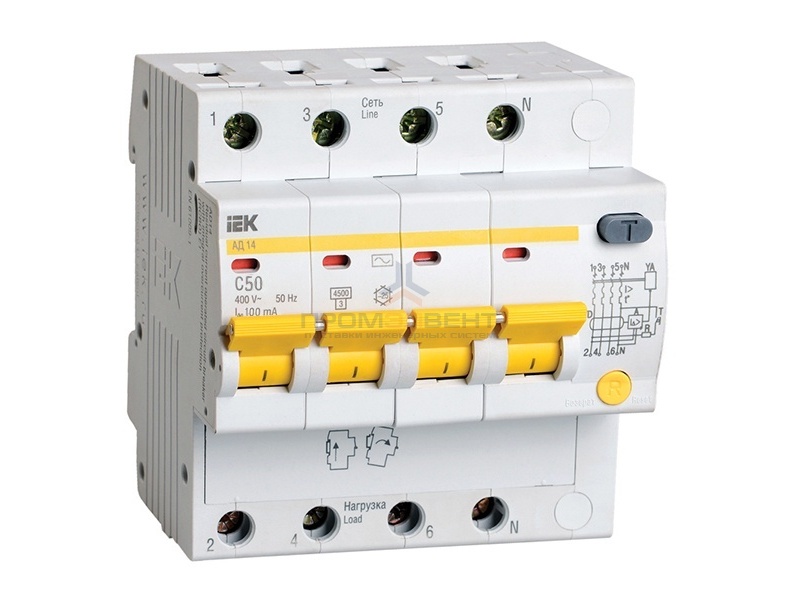Дифференциальный автомат АД14 4Р 50А 100мА ИЭК